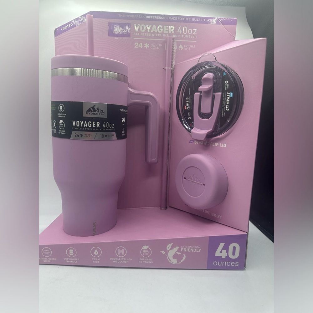 NEW Hydrapeak Voyager 40 oz Stainless Steel LAVENDER Handle Straw Lid Tumbler